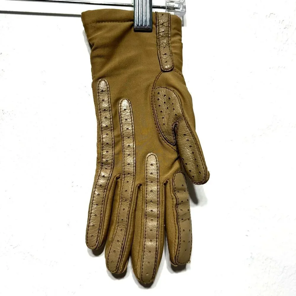 Vintage Driving Gloves Vegan Leather Tan Brown Womens Winter Warm Stretch Lined